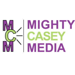 logo on white background with mighty casey media in block letters